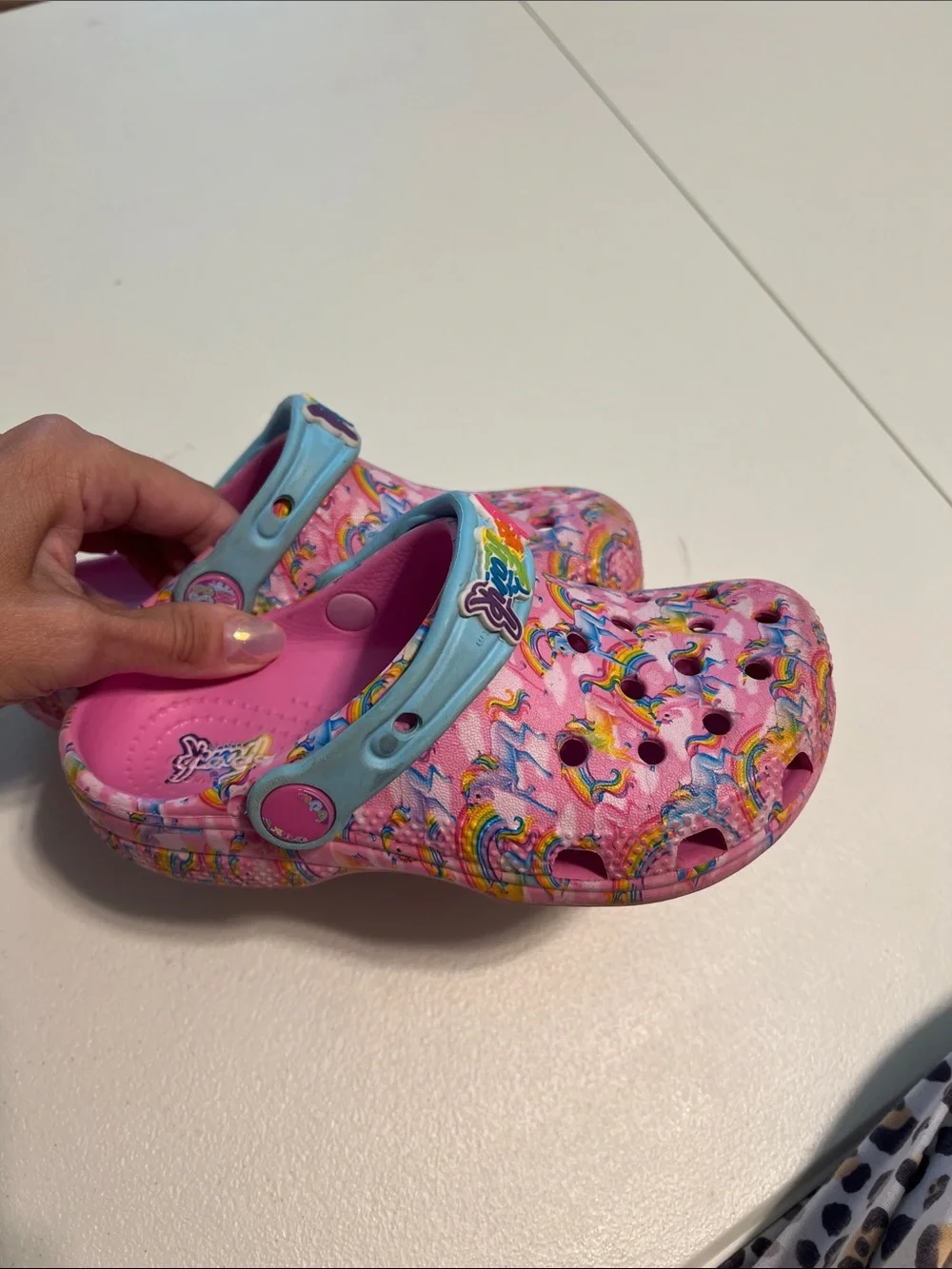 CROCS Pink Lisa Frank Print Clogs with Light Blue Strap